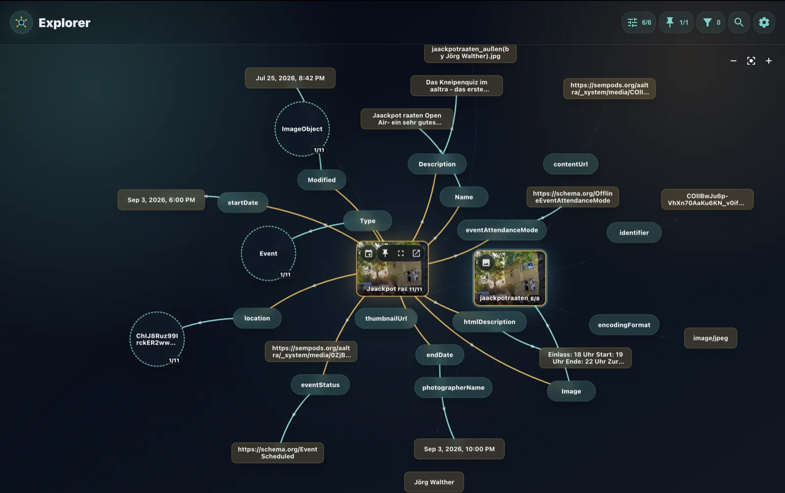 Explorer app visualizing an aaltra event from a sempods pod as a graph